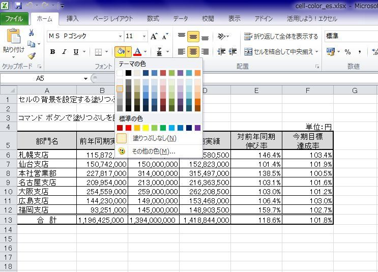 Excel 10 セルの背景を設定する塗りつぶし