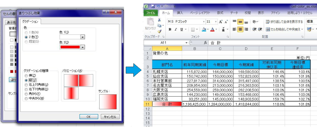 Excel 2010 セルの背景を設定する塗りつぶし