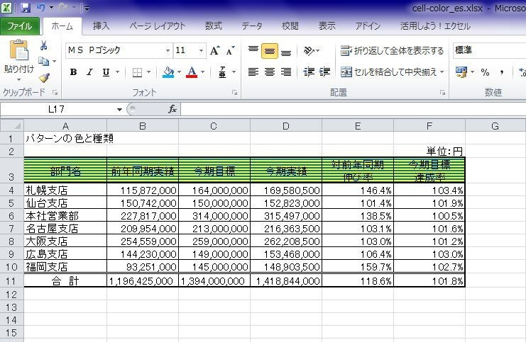 Excel 10 セルの背景を設定する塗りつぶし