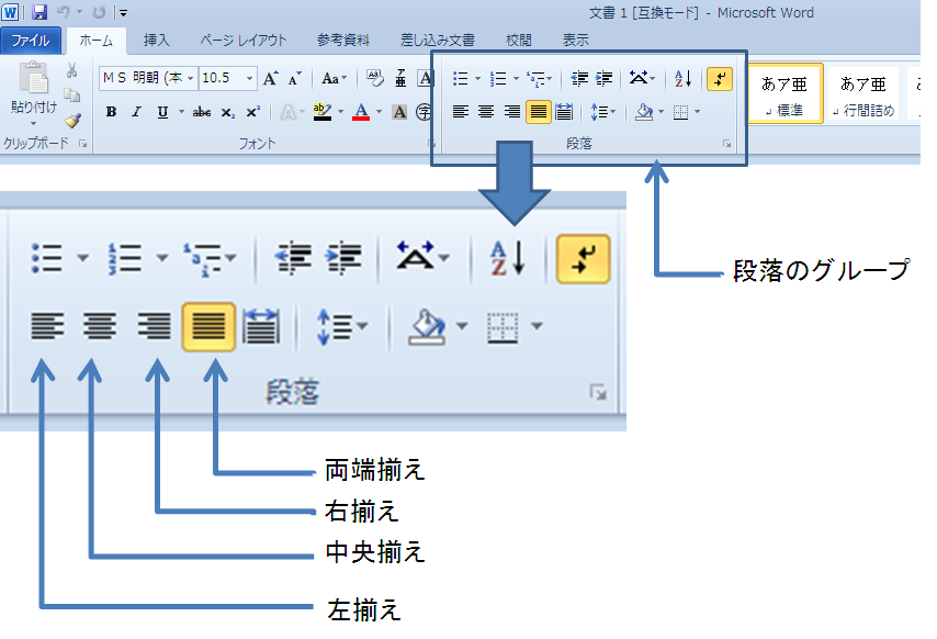 Word 10 文字列の配置の変更1 左 中央 右 両端揃え